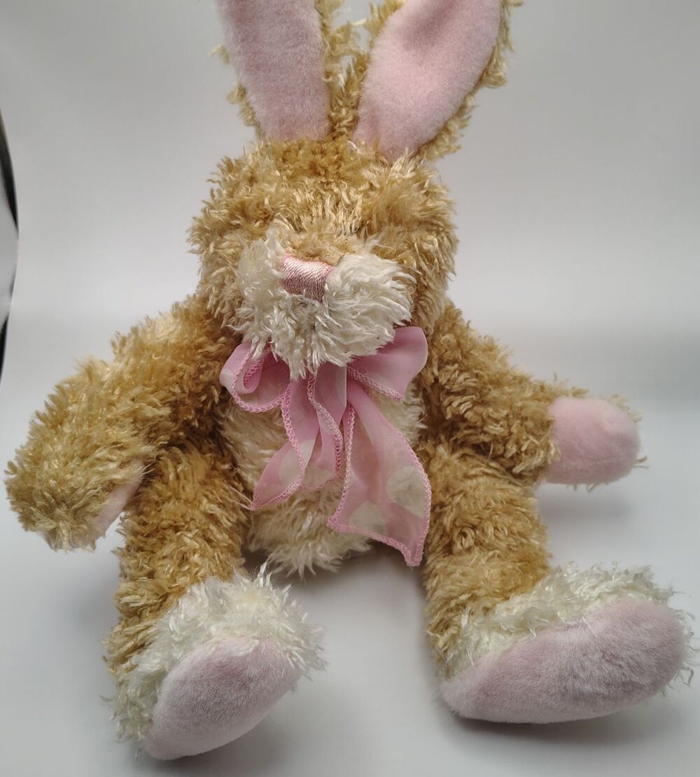 Bunny Rabbit Shaggy Plush Soft Toy 15" Stuffed Animal Pink Bow Ears Paws Nose